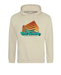 Image is a sand colored pullover hooded sweatshirt with an image of the Division Street Parking Garage, a colorful parking garage in downtown East Lansing, on the front side. Beneath the garage, the text “Downtown East Lansing: Daytime. Nighttime. Anytime” is displayed.