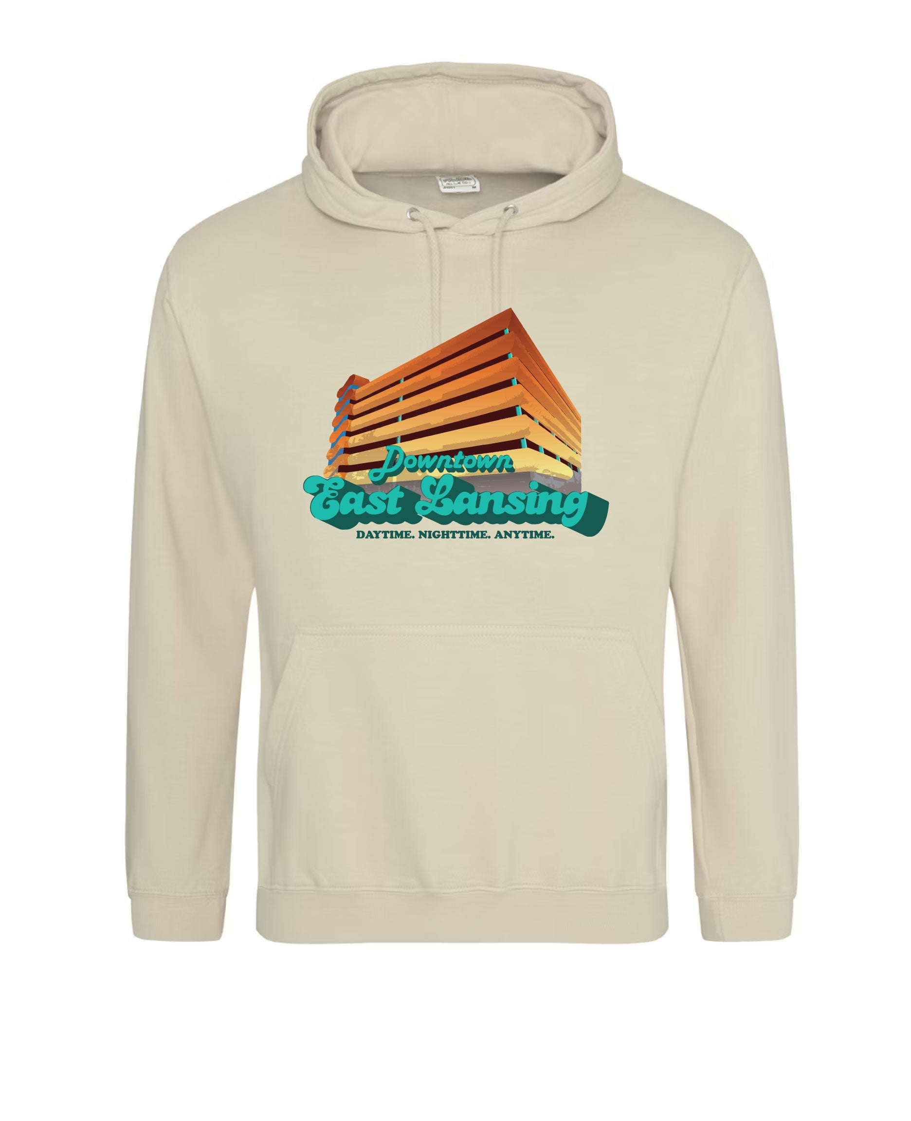 Image is a sand colored pullover hooded sweatshirt with an image of the Division Street Parking Garage, a colorful parking garage in downtown East Lansing, on the front side. Beneath the garage, the text “Downtown East Lansing: Daytime. Nighttime. Anytime” is displayed.