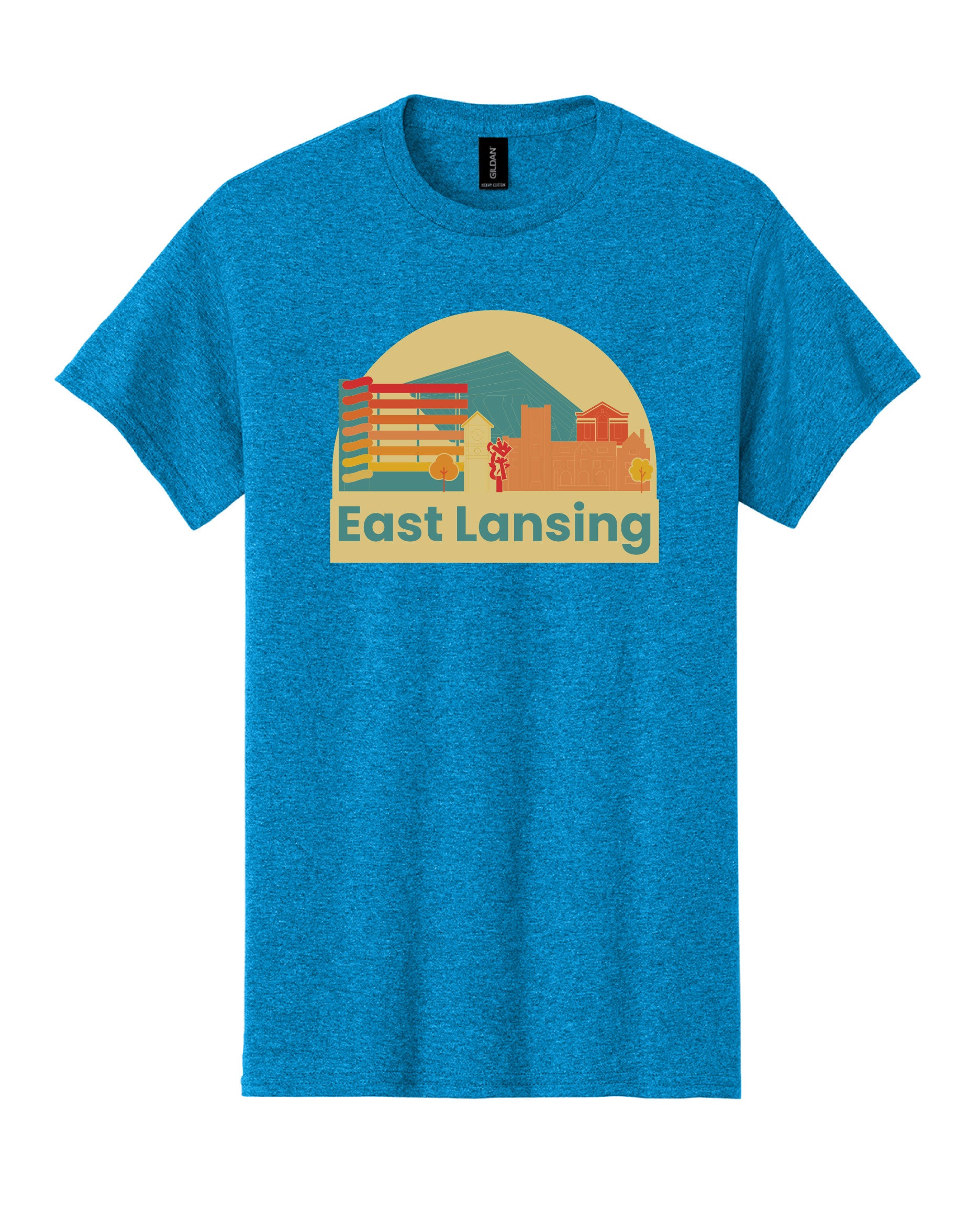  Image is a heather sapphire t-shirt with an image of various buildings within downtown East Lansing. Beneath the graphic, the text “East Lansing” is displayed.