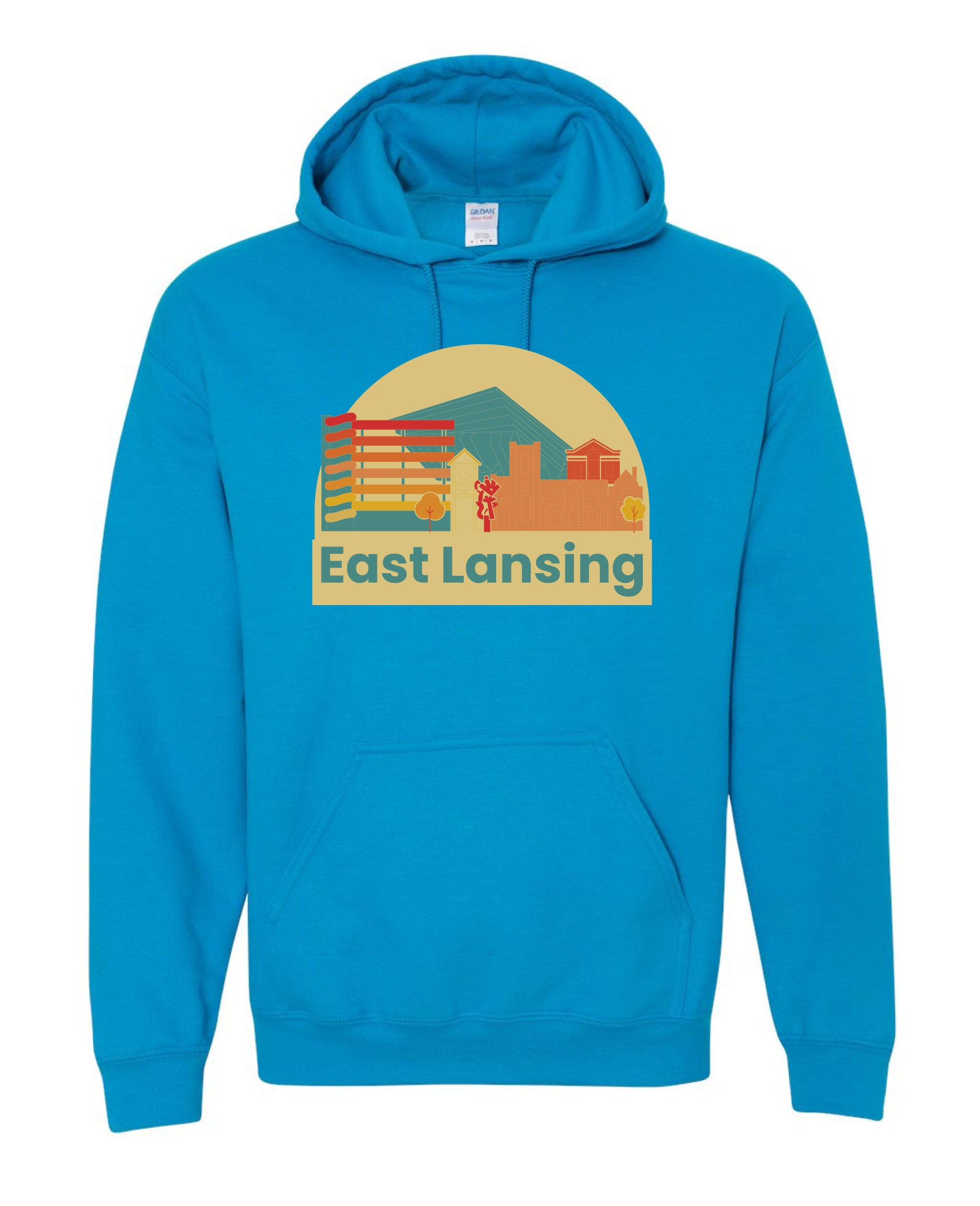 Image is a sapphire hooded sweatshirt with an image of various buildings within downtown East Lansing. Beneath the graphic, the text “East Lansing” is displayed.