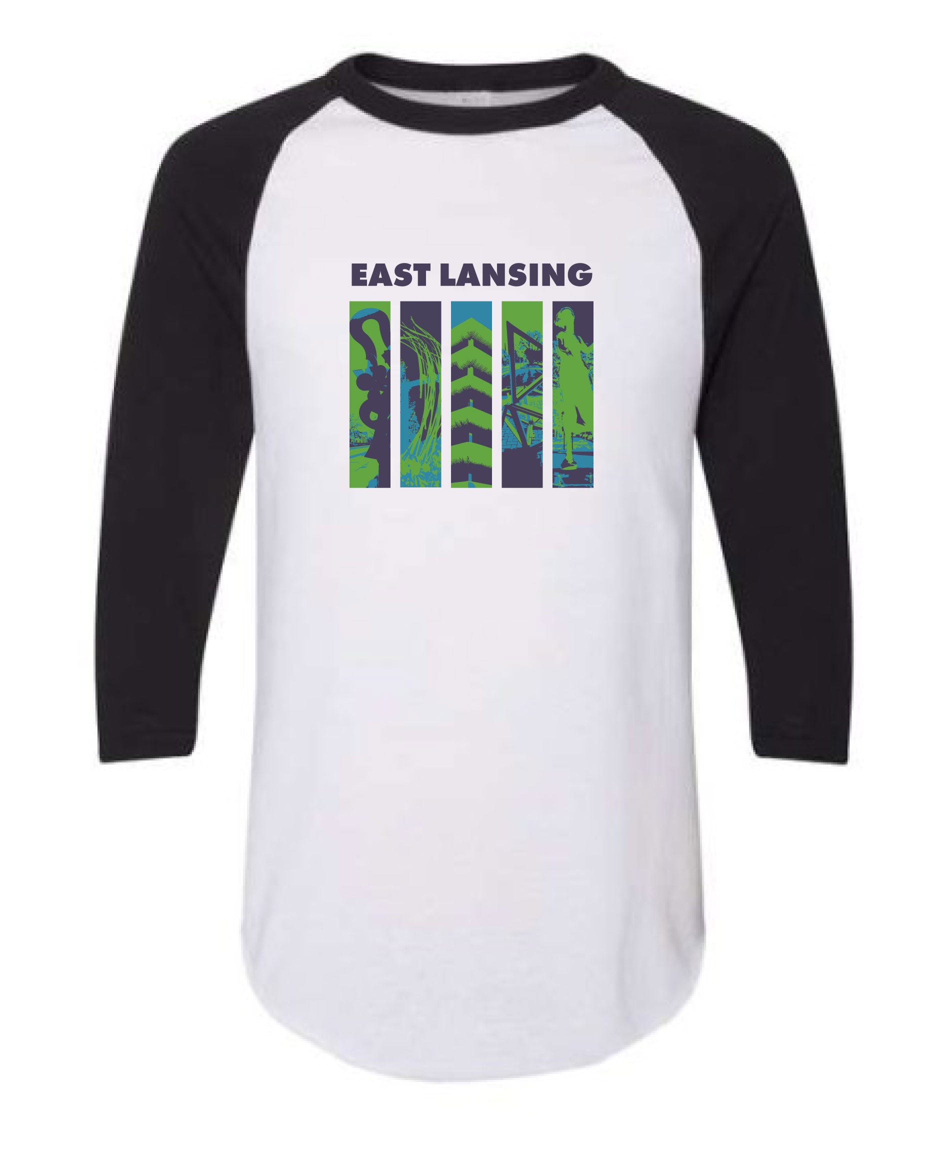 Image is a white with black-sleeved basetball t-shirt with 5 images of public art and architecture within downtown East Lansing. Above the images, the text “East Lansing” is displayed.