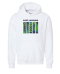 Image is a white hooded sweatshirt with 5 images of public art and architecture within downtown East Lansing. Above the images, the text “East Lansing” is displayed.