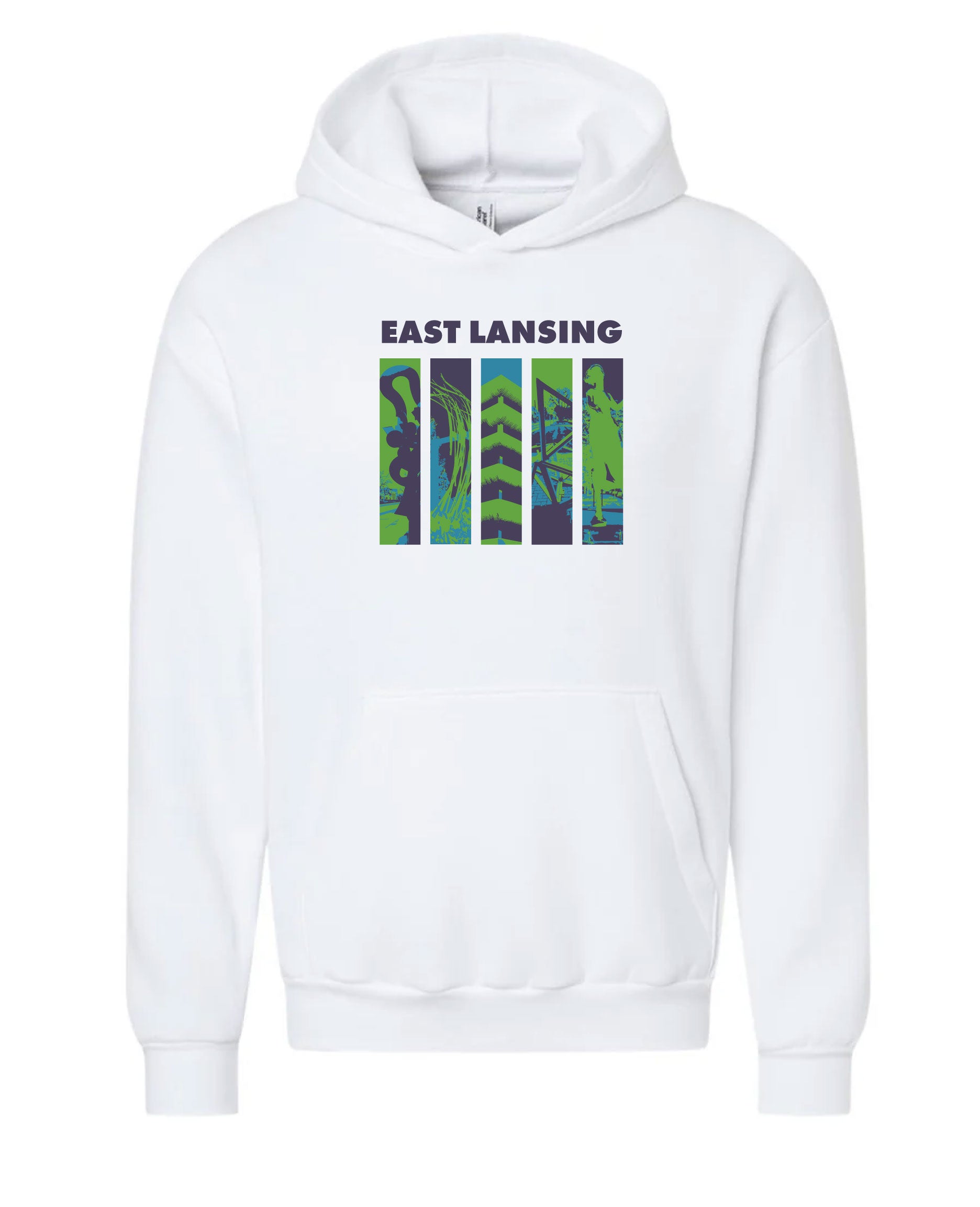 Image is a white hooded sweatshirt with 5 images of public art and architecture within downtown East Lansing. Above the images, the text “East Lansing” is displayed.