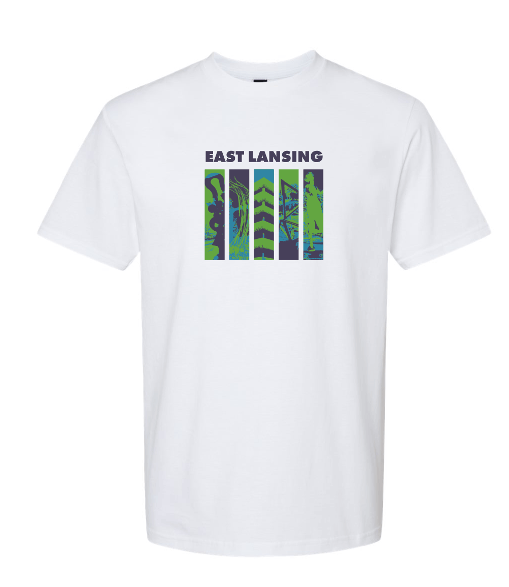 Image is a white t-shirt with 5 images of public art and architecture within downtown East Lansing. Above the images, the text “East Lansing” is displayed.